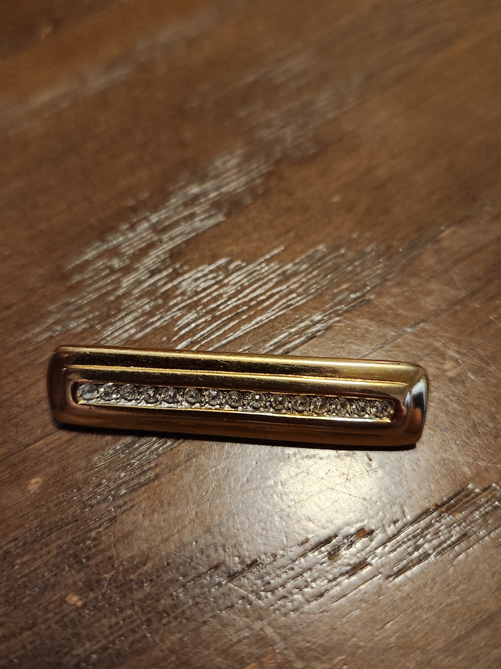 Crown Trifari Gold Tone Bar Pin with Clear Crystal Row